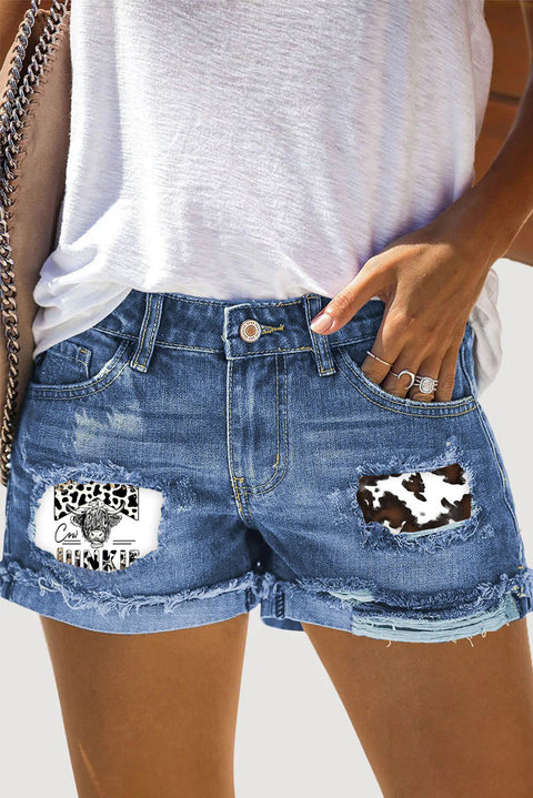 Cow Junkie Print Ripped Denim Shorts