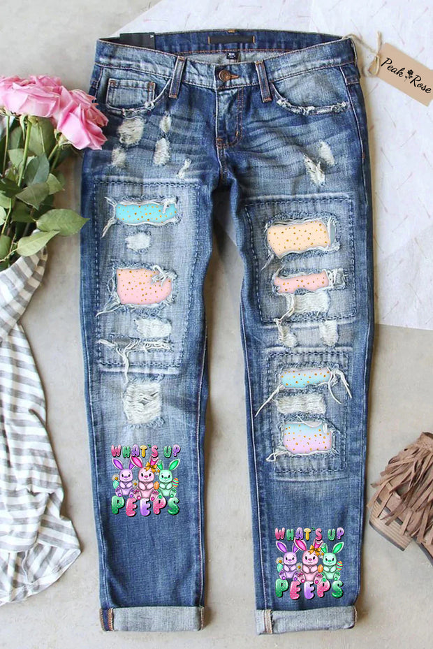 What's Up Peeps Bunnies Easter Day Pink Blue Glitter Ombre Ripped Denim Jeans