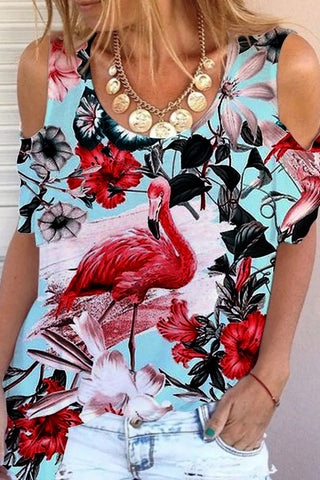 Spring/Summer Flamingos Cold Shoulder T-shirt