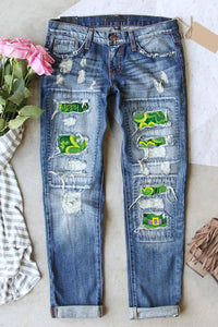 Casual Lucky Green Shamrocks Printed Ripped Denim Jeans