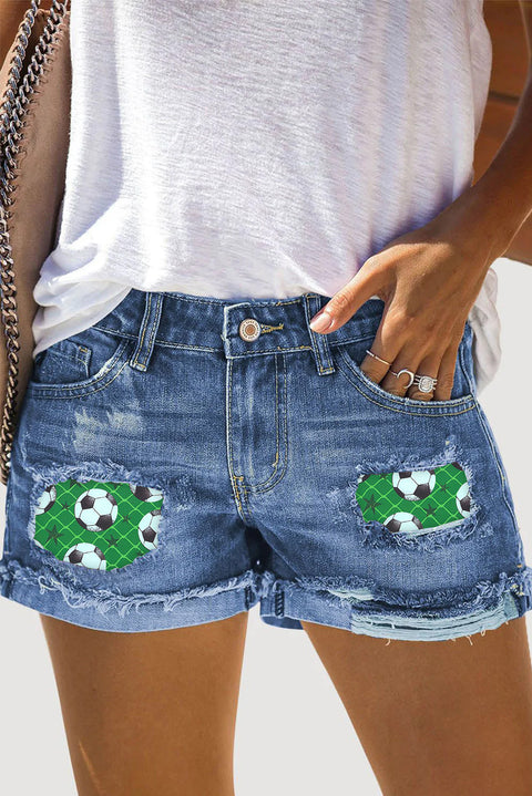 Soccer Heart Print Ripped Denim Shorts