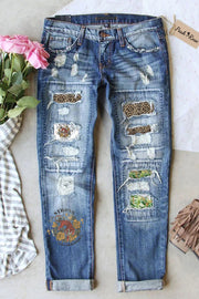 Vintage Christian Worship Faith Based Jesus Print Ripped Denim Jeans