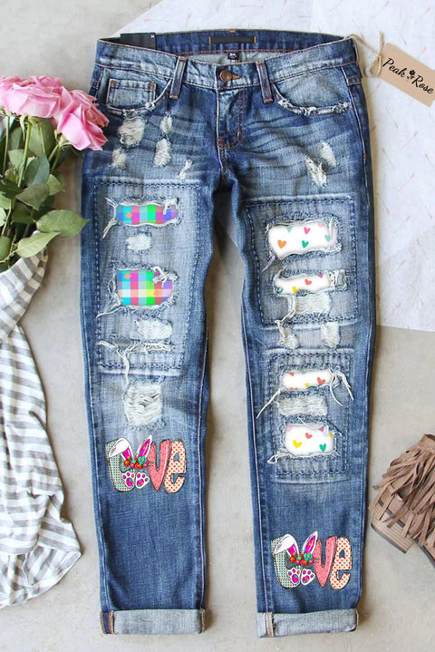 Happy Easter Day Love Bunnies Plaid Printed Ripped Denim Jeans