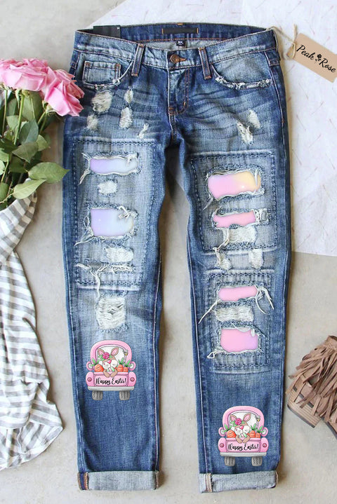 Happy Easter Bunny Carrot Trucks Ripped Denim Jeans