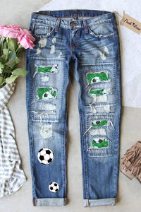 Soccer Heart Print Ripped Denim Jeans