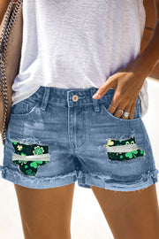 Casual Lucky Green Shamrocks Printed Denim Shorts