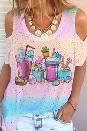 Pink Blue Glitter Easter Day Bunnies Cup Cold Shoulder T-Shirt