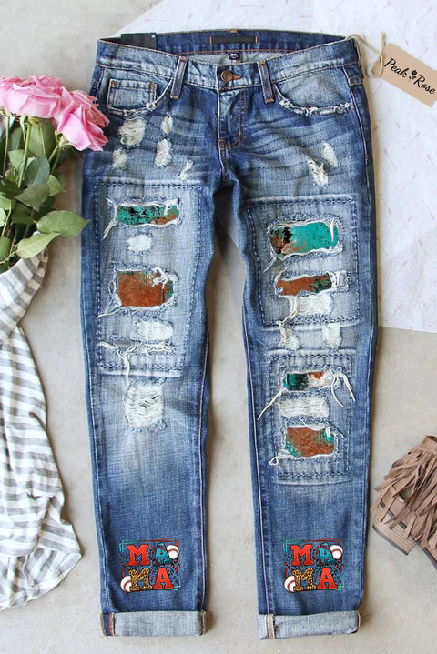 Casual Western Rhinestone Leopard Baseball Mama Ripped Denim Jeans