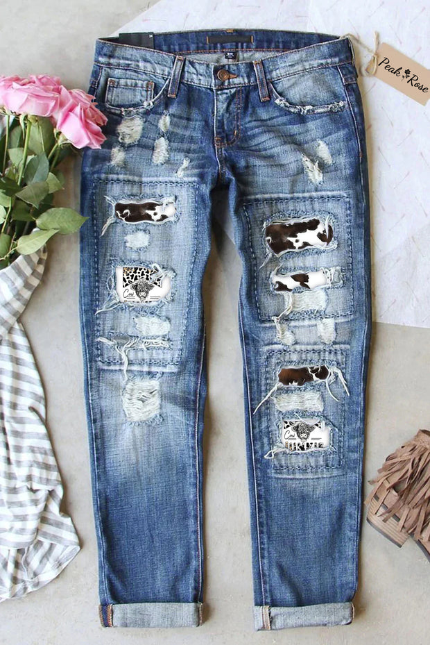 Cow Junkie Print Ripped Denim Jeans