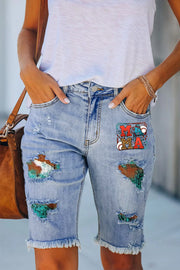 Casual Western Rhinestone Leopard Baseball Mama Bermuda Denim Shorts