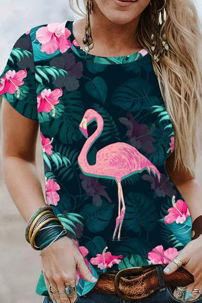 Spring/Summer Flamingos Round Neck T-shirt