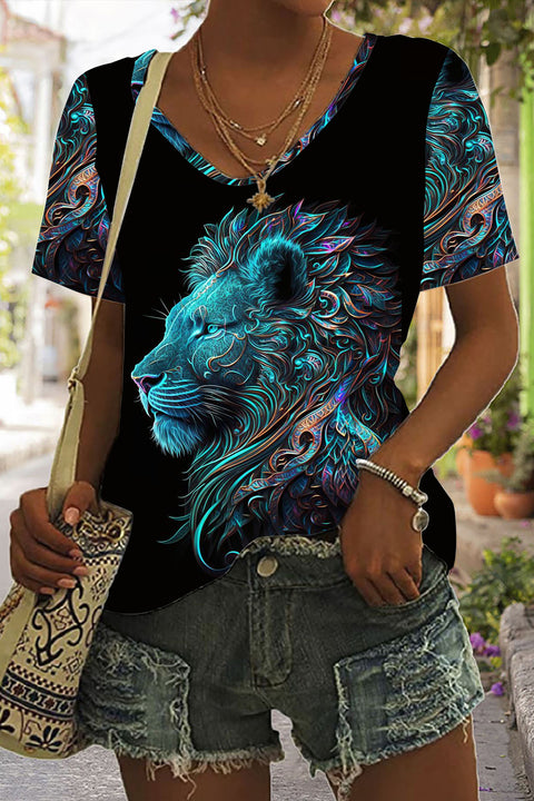 Lion Abstract Print Tie-Dye V Neck T-shirt