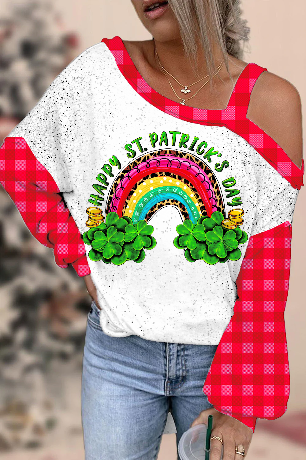 Rainbow and Shamrock Happy St Patricks Day Leopard Pattern Off-shoulder Blouse