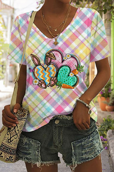 Happy Easter Heart Bunny Plaid V Neck Short Sleeve T-shirt