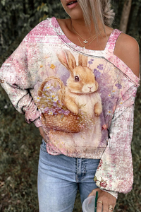 Vintage Painting Poster Easter Bunny Painting Off-Shoulder Blouse