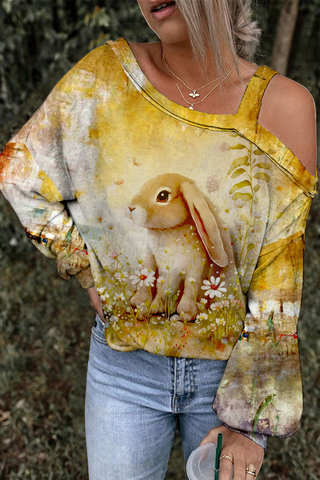 Retro Chronology Easter Bunny Warm Color Painting Off-Shoulder Blouse