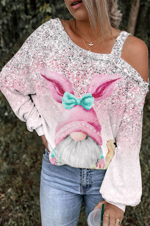 Easter Glitter Pink Rabbit Gnomes and Easter Eggs Off-Shoulder Blouse