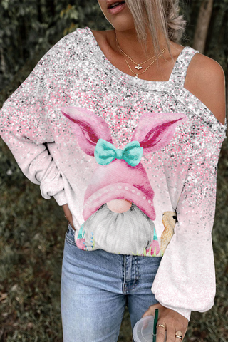 Easter Glitter Pink Rabbit Gnomes and Easter Eggs Off-Shoulder Blouse