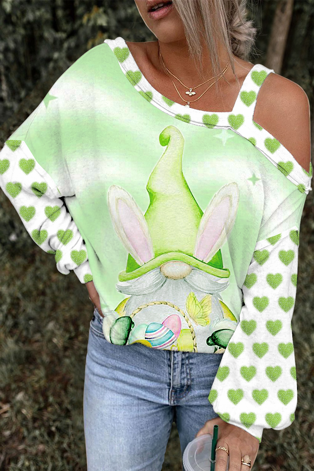 Easter Spring Green Love Gnomes and Easter Eggs Printed Off-Shoulder Blouse