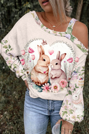 Vintage Painting Easter Bunny In The Pink Spring Garden Painting Off-Shoulder Blouse