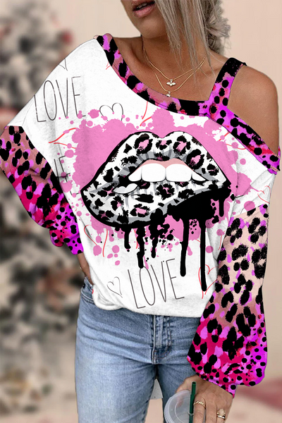 Pink Leopard Print Lips Off-shoulder Blouse