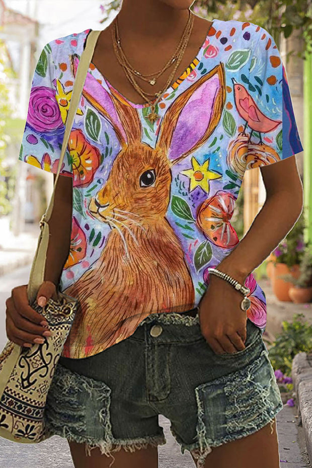 Happy Easter Day Rabbit Abstract Art Printed V-neck T-shirt