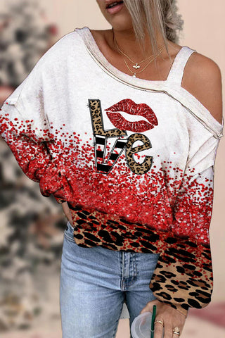 Glitter Leopard Love Print Off-shoulder Blouse