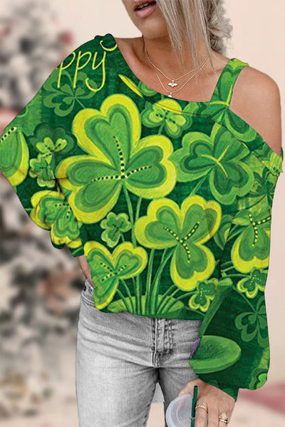 Casual Lucky Green Shamrocks Printed Off-shoulder Blouse