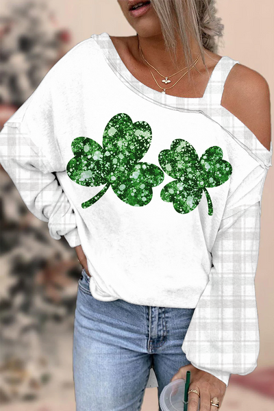 Watercolor Lucky Shamrock Plaid Off-Shoulder Blouse