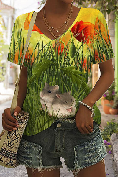 Happy Easter Day Floral Little Bunnies V Neck T-shirt