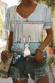 Easter Day Woodland Bunnies Paintings V Neck Short Sleeve T-shirt