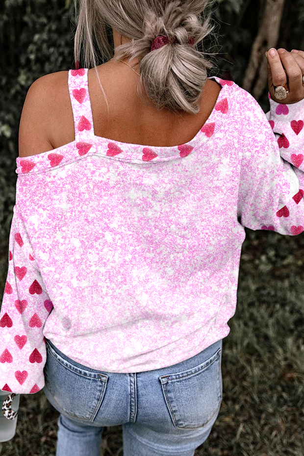 Valentine's Day Pink Glitter Heart Off-shoulder Blouse