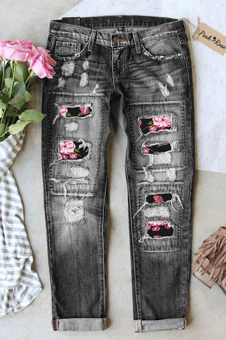 Fashion Floral Print Vintage Ripped Black Jeans