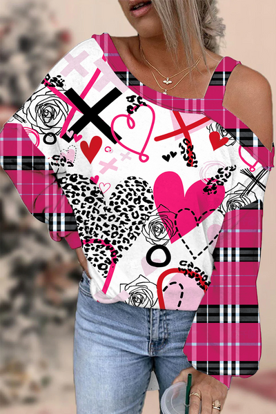 Love Leopard Plaid Graffiti Pattern Off-shoulder Blouse