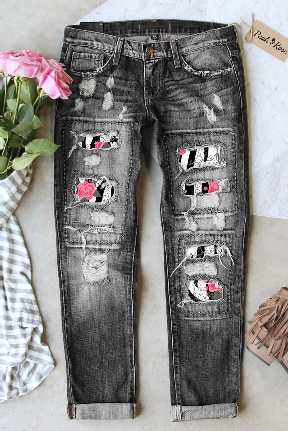 Retro Pink Rose Thorns Zebra Print Jeans