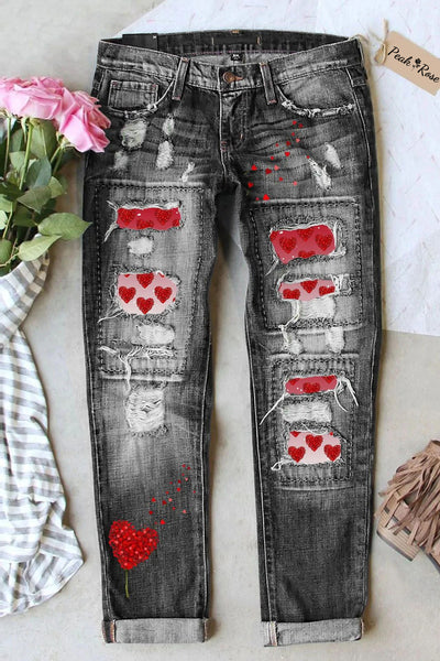 Love Heart-shaped Print Ripped Denim Jeans