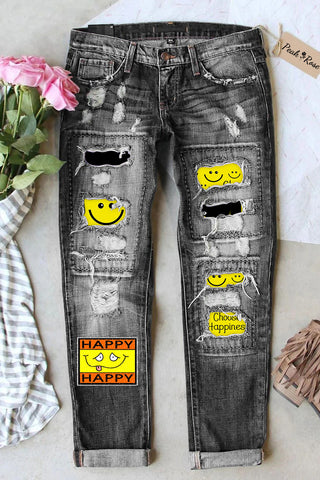 Happy Smiling Face Fashion Funny Ripped Black Jeans