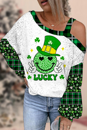 Shamrocks Smiling Face Lucky Happy St Patricks Leopard Glitter Off-shoulder Blouse