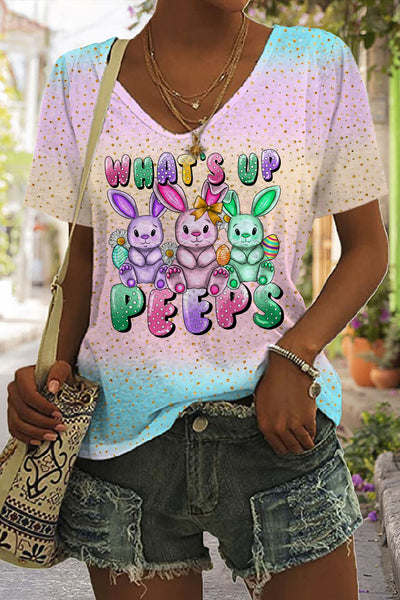 What's Up Peeps Bunnies Easter Day Pink Blue Glitter Ombre V Neck T-shirt