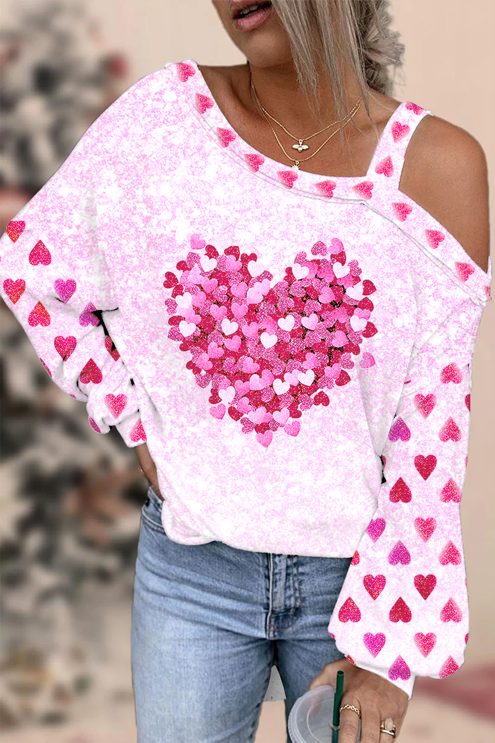 Valentine's Day Pink Glitter Heart Off-shoulder Blouse