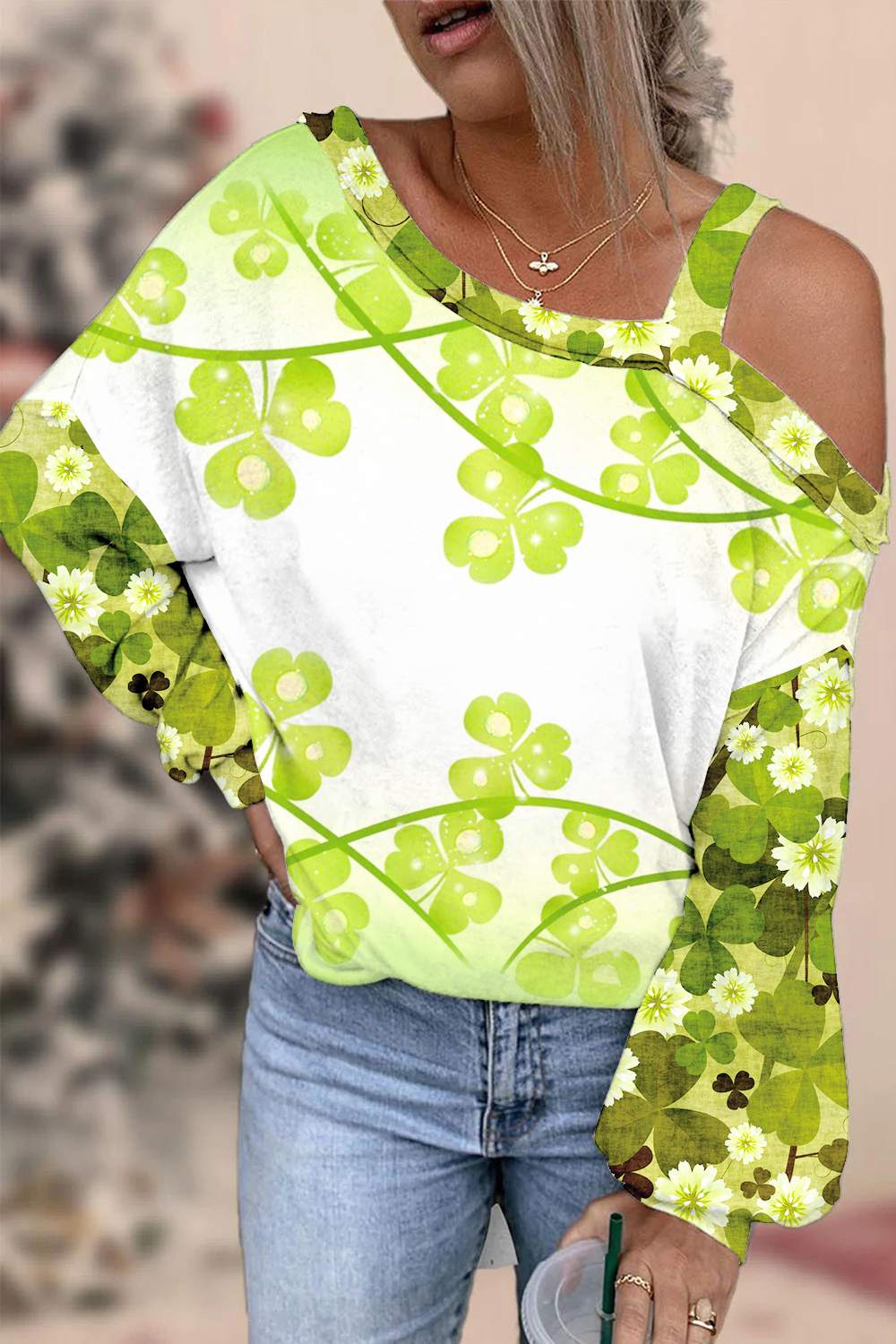 Green Daisy and Shamrock Off-Shoulder Blouse