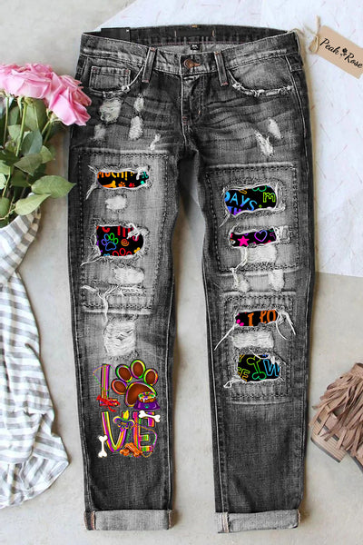 Mardi Gras Love Dog Colorful Pattern Denim Jeans