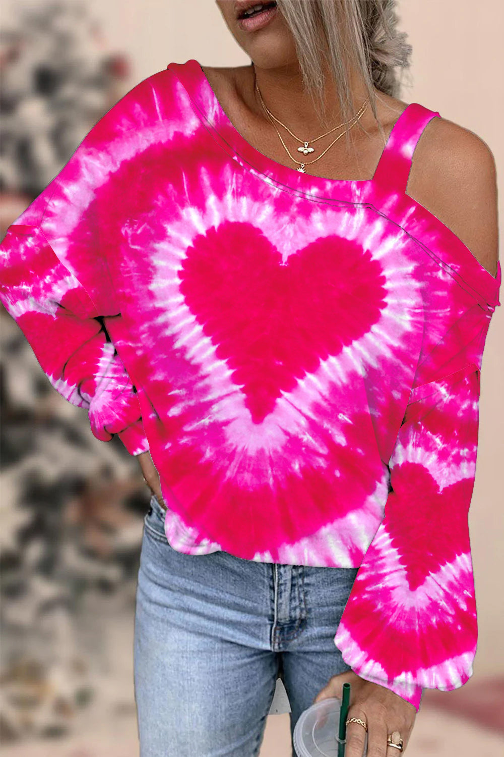 Pink and Red Tie-Dye Off-shoulder Blouse