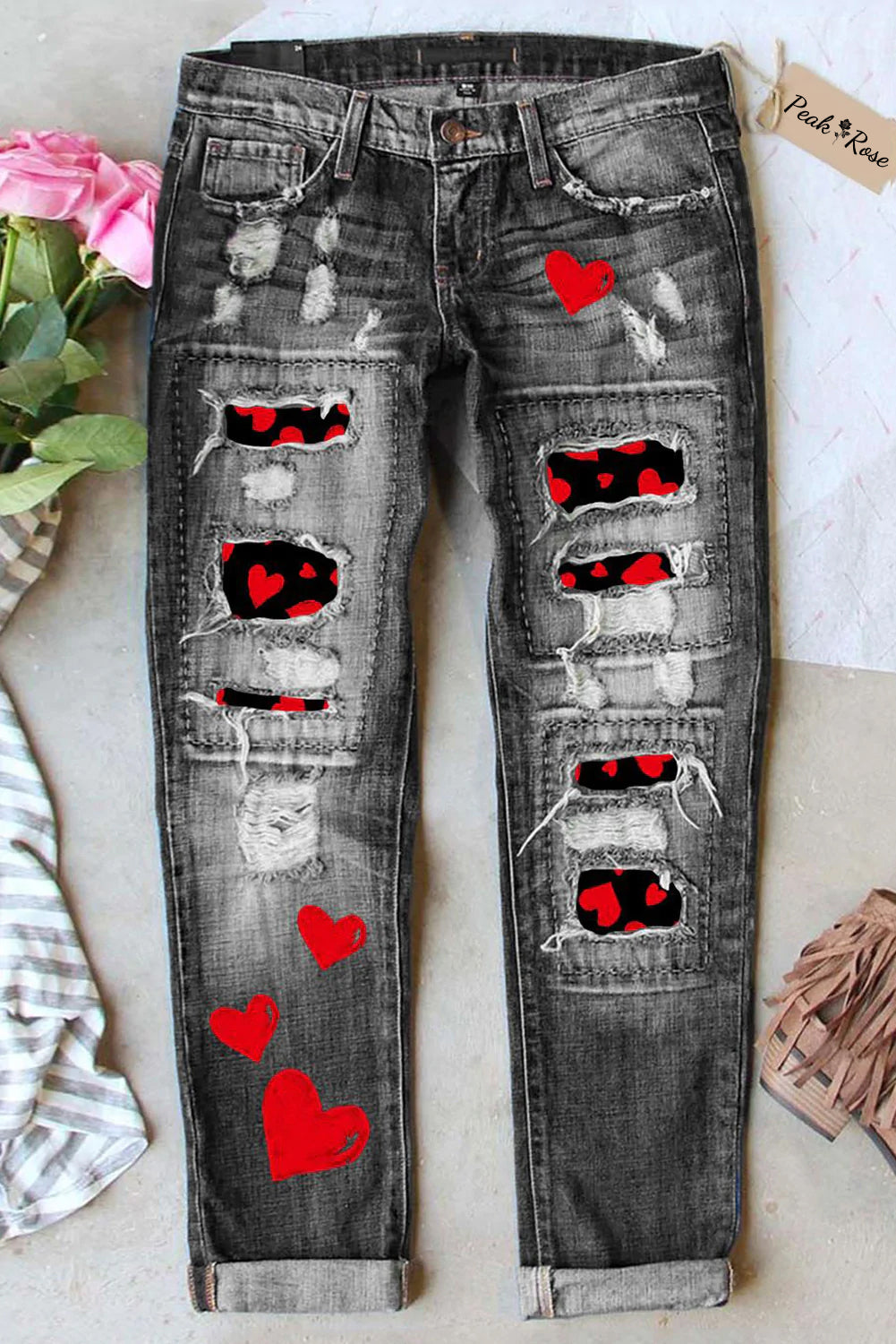 Heart-Shaped Shift Casual Ripped Jeans
