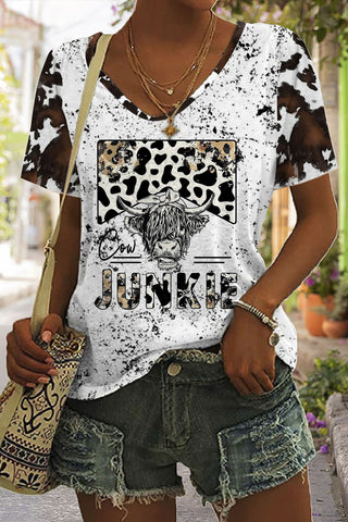 Cow Junkie Print Tie-Dye V Neck T-shirt