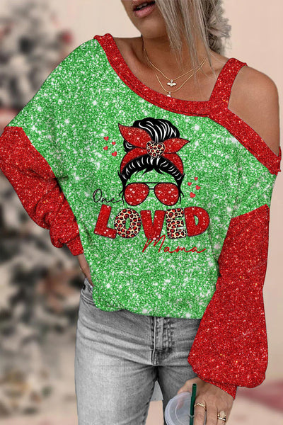 Loved Mama Green Red Glitter Blouse