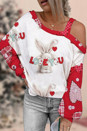 Love You Rabbits Print Off-shoulder Blouse