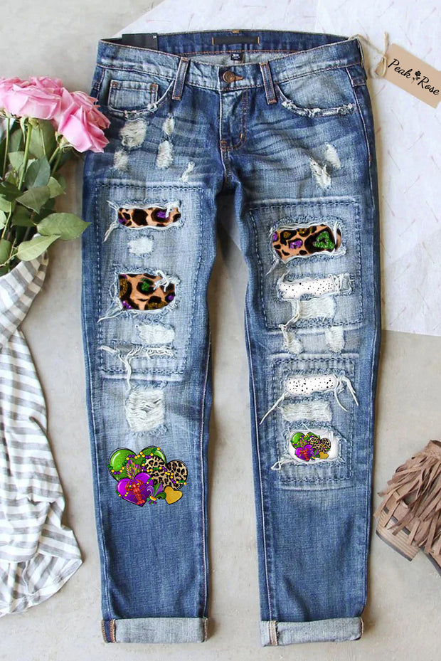 Mardi Gras Western Leopard Love Heart Crawish Ripped Denim Jeans