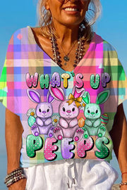 What's Up Peeps Bunnies Easter Day Plaid Dolman Sleeves Tee