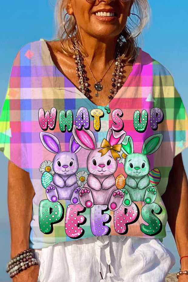 What's Up Peeps Bunnies Easter Day Plaid Dolman Sleeves Tee